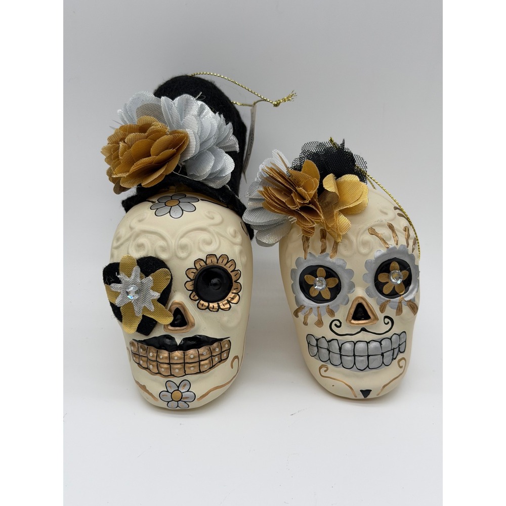 Macys Holiday Lane Day of the Dead Sugar Skull Ornaments Set of 2 Gold NWT